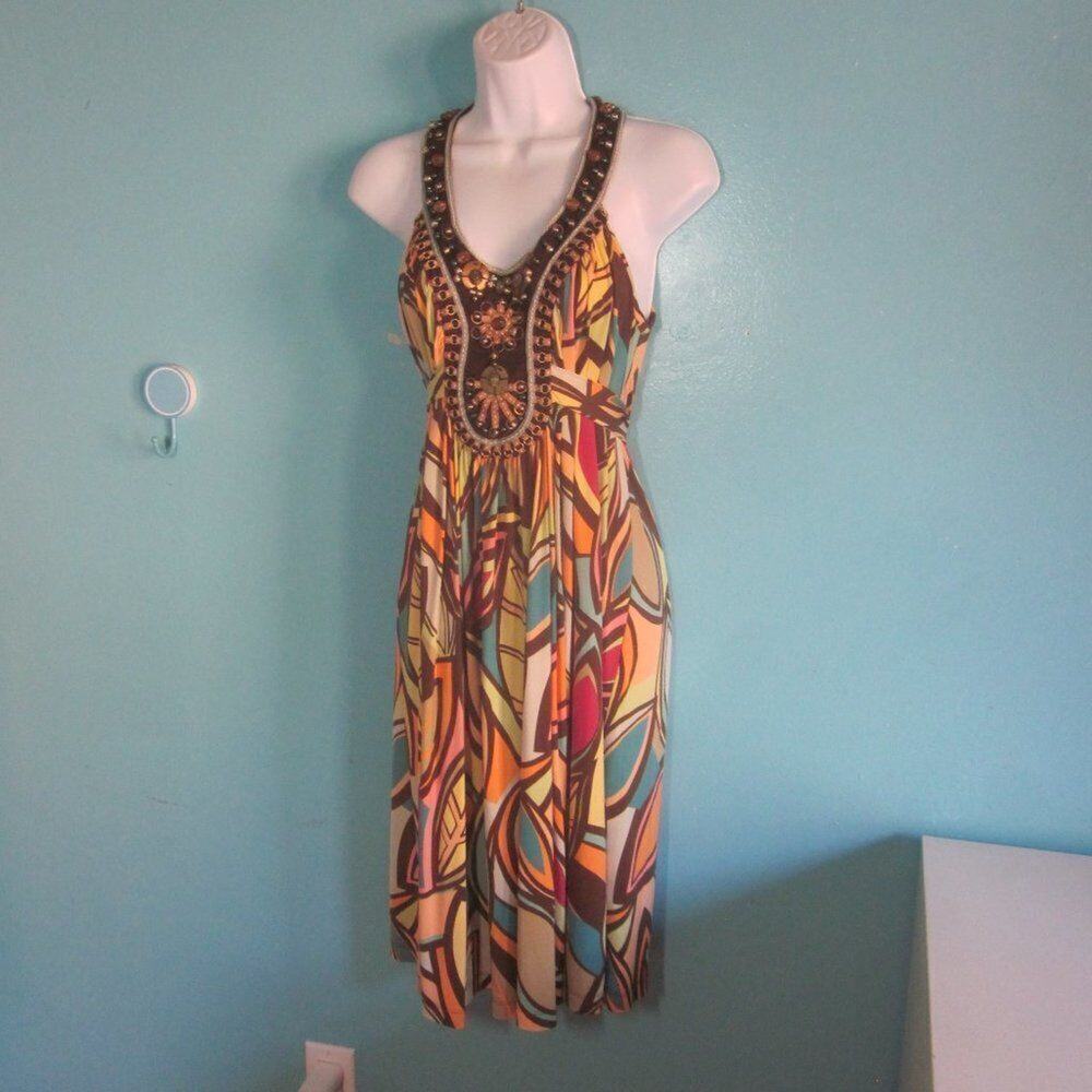 Ranna Gill Embellished Midi  Halter Style Colorful Tribal Print Dress Size S